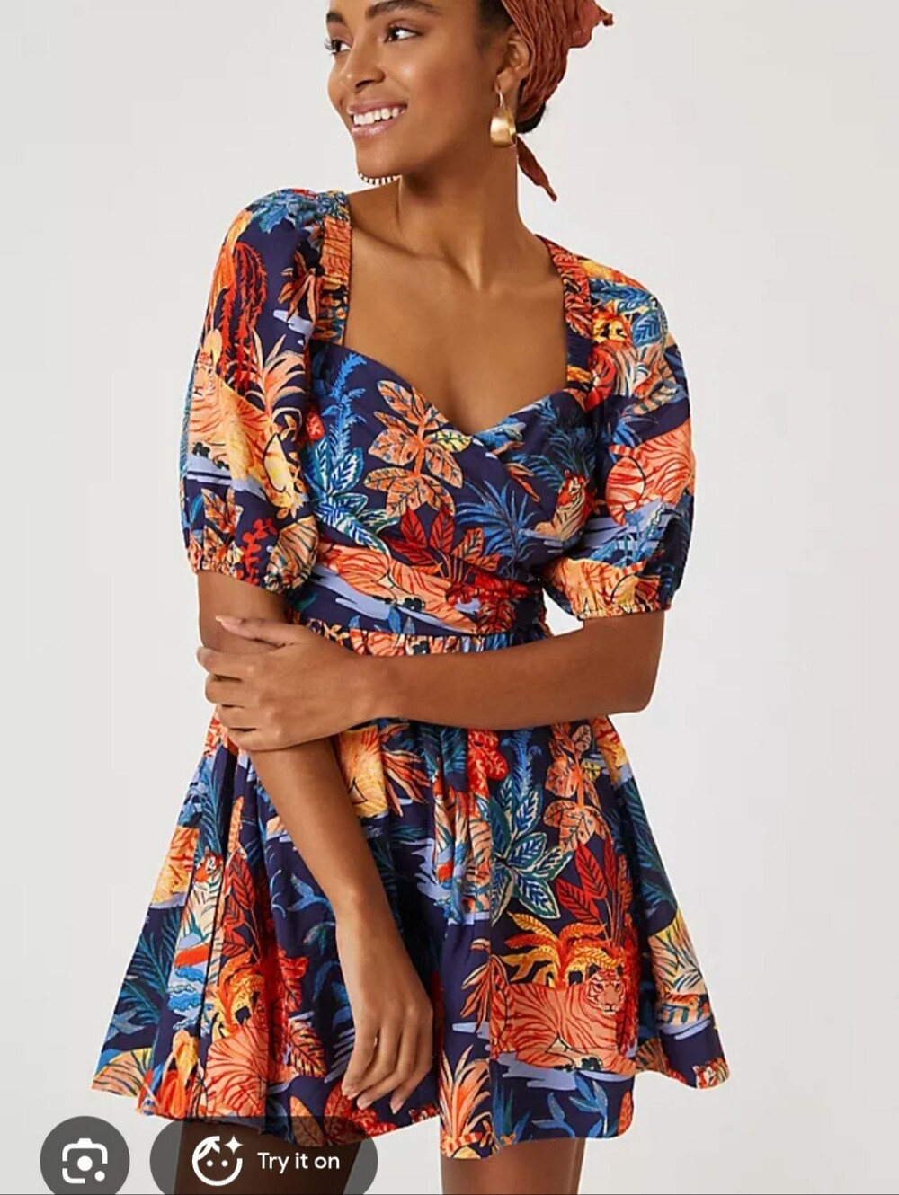 Anthropologie Navy Tropical Tiger Print Puff-Sleeve Mini Dress